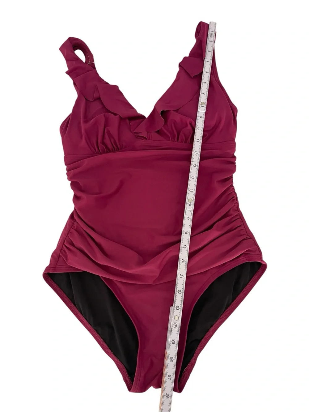 DKNY One Piece Swimsuit Ruffle V Neck Ruched Tummy Control Berry Size 10 - Picture 3 of 10